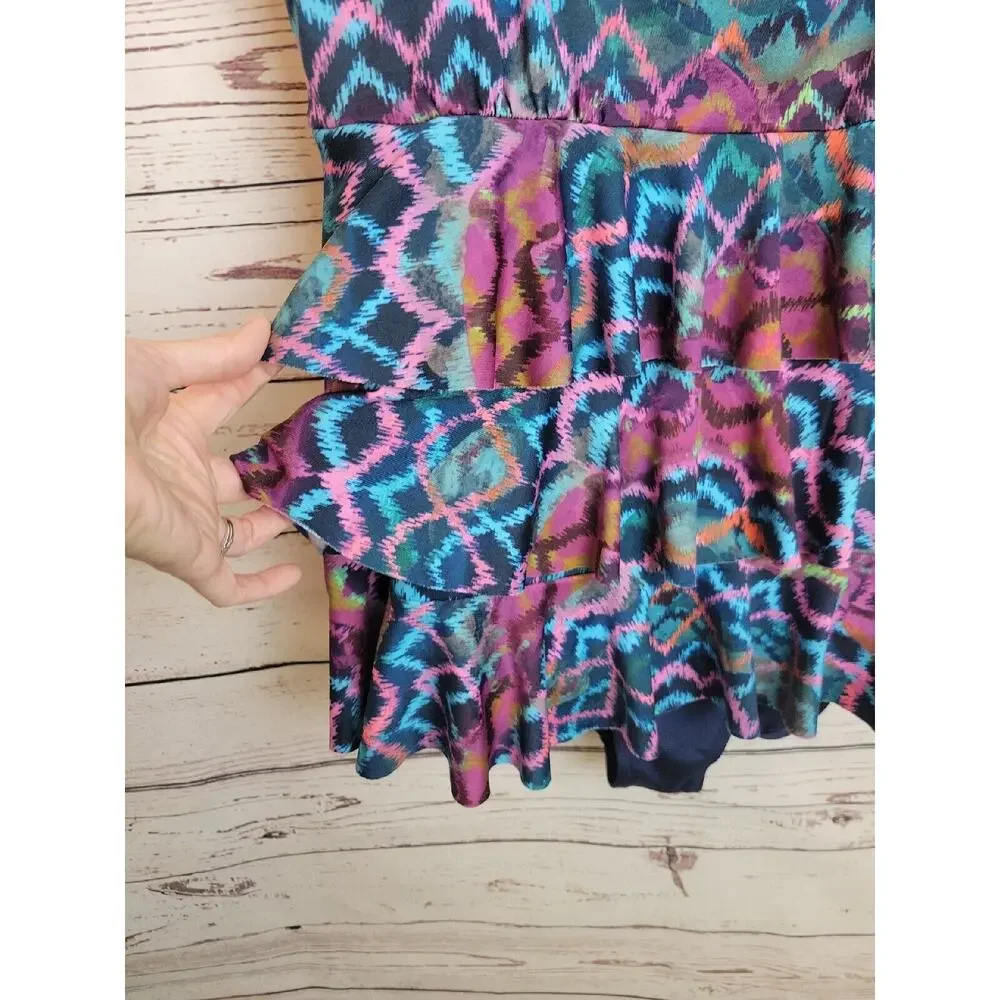 Dolfin Blue Ikat Ruffle Tiered One Piece Beach Swimdress Women's Size 48/22